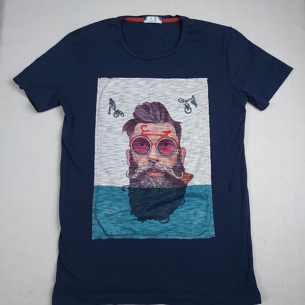 F.K Made In Italy Men's Medium Graphic T Shirt Hipster Bicycle Blue Cotton